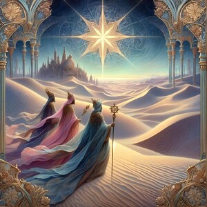 May include: An artistic depiction of the Three Wise Men following a bright star over a desert landscape. The men are robed in flowing garments of blue, pink, and purple. A city is visible in the distance.