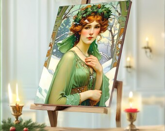 May include: An art print on a wooden easel shows a woman with red hair wearing a green dress and a holly wreath. The artwork has a winter theme with a snowy background and is displayed on a wooden easel.