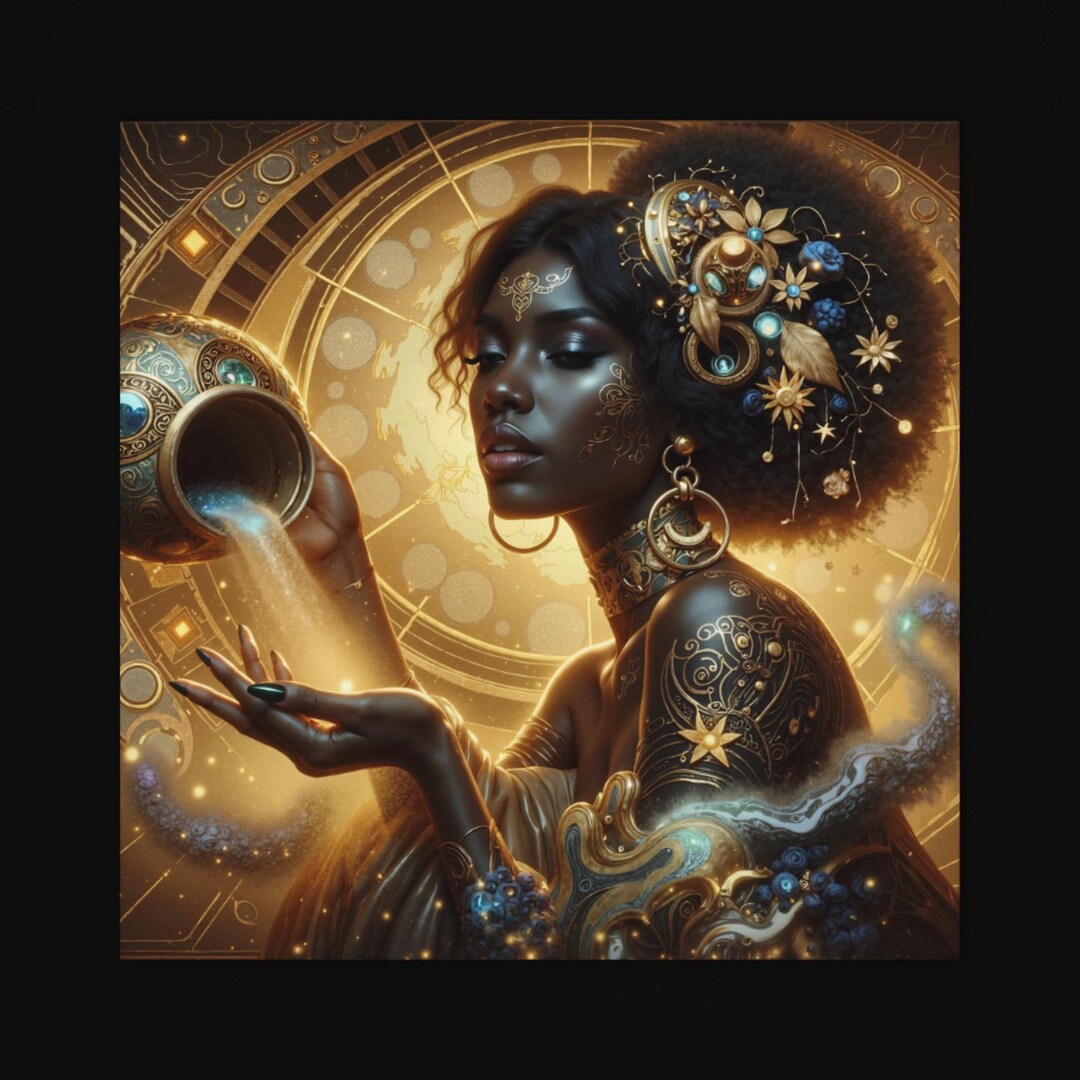 Afrocentric Aquarius Art Print: Celestial Black Queen, Divine
