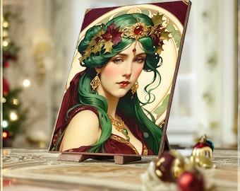 May include: A painting of a woman with long green hair wearing a crown of leaves and jewels. She is wearing a red dress and has a gold necklace with a green stone pendant.