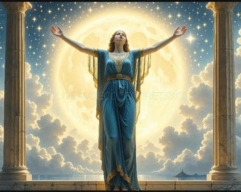 Greek Goddess Eos Art Print: Aegean Temple, Full Moon, Mythology Poster