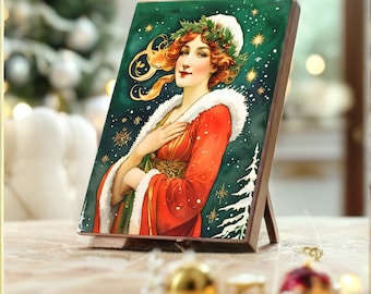 May include: A framed illustration of a woman in a red dress with a white fur collar and a wreath of holly on her head. The background is a green and white winter scene with snowflakes.