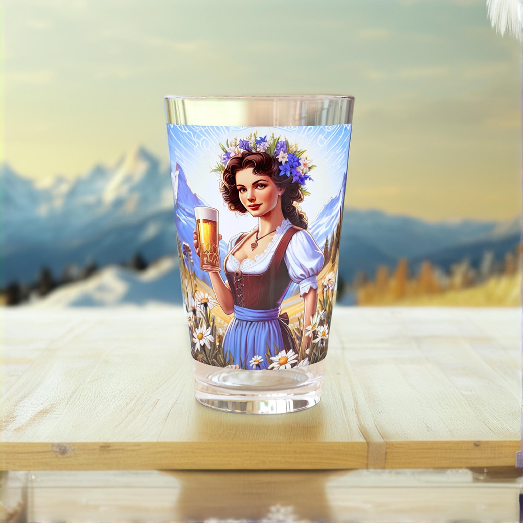 Swiss Beer Maiden Pint Glass: Art Nouveau Barware