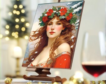 May include: A framed painting of a woman with long brown hair wearing a red dress and a wreath of holly and red flowers. The painting is on a small easel and is set against a snowy background.