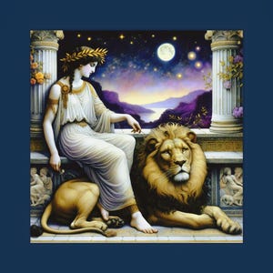 Leo Zodiac Poster – Mythic Goddess with Lion under Starry Sky, Greco-Roman Astrology Wall Art in Soft Art Nouveau Style for Leo Sign Lovers