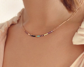 Dainty Rose Gold Layering Necklace with Tiny Beads, Boho Minimalist Double Chain, Colorful Simple Minimal Jewelry Gift