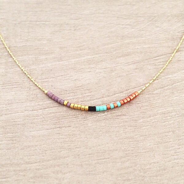 Dainty Gold Beaded Necklace, Multicolor Boho Delicate Layering Jewelry, Minimalist Thin Necklace, Colorful Simple Boho Summer Necklace