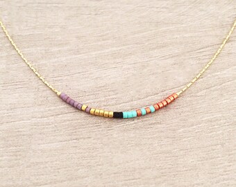 Dainty Gold Beaded Necklace, Multicolor Boho Delicate Layering Jewelry, Minimalist Thin Necklace, Colorful Simple Boho Summer Necklace