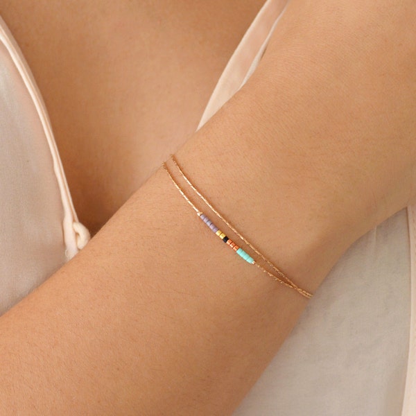 Delicate Rose Gold Bracelet with Small Beads, Dainty Beaded Multicolor Gift Bracelet, Thin Colorful Bridesmaid Friendship Bracelet