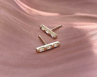 CZ Bar Stud Earrings, Gold Dainty Rectangle Zircon Boho Earring Studs, Geometric Modern Minimalist Simple Everyday Ear Accessory