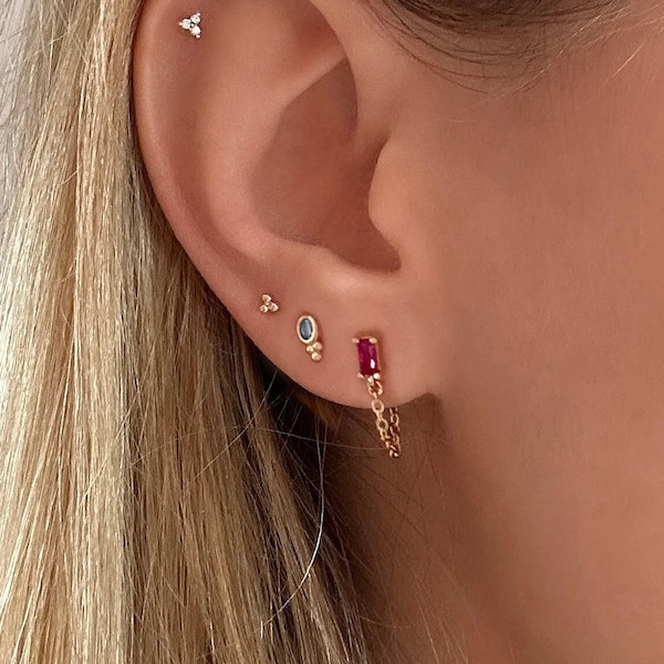 Gold Pink CZ Bar Chain Stud Earrings, Dainty Cristal Boho Elegant Zircon Earring, Minimalist Feminine Ear Accessory