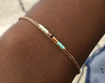 Minimalist Rose Gold Bracelet Mint & Turquoise Beads, Delicate Dainty Beaded Bracelet, Multicolor Boho Friendship Bracelet, Best Friend Gift