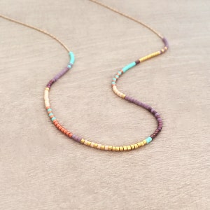 Rose Gold Dainty Multicolor Necklace, Boho Minimalist Layering Thin Beaded Necklace, Colorful Summer Boho Necklace