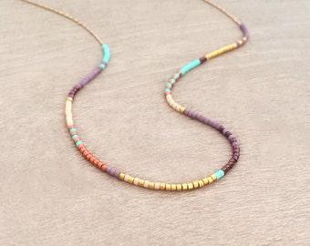 Rose Gold Dainty Multicolor Necklace, Boho Minimalist Layering Thin Beaded Necklace, Colorful Summer Boho Necklace