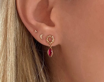 Gold CZ Boho Pink Dangle Stud Earrings, Elegant Dainty Zircon Studs Dangling Earring, Minimalist Bohemian Ear Accessory