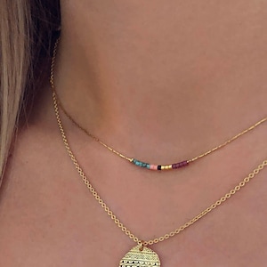 Minimalist Boho Gold Necklace with Tiny Beads, Dainty Thin Short Layering Necklace, Colorful Delicate Boho Jewelry Gift for Women