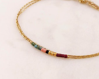 Minimalist Delicate Bracelet with Tiny Beads / Thin Dainty Colorful Gold Chain Bracelet / Multicolor Boho Friendship Bridal Bracelet