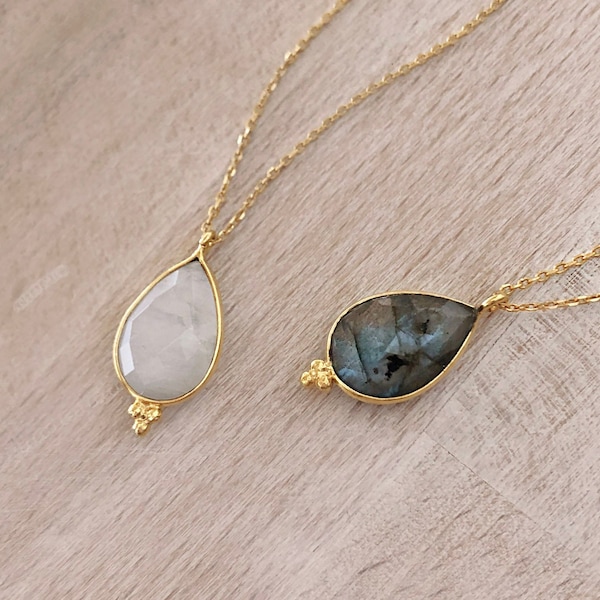 Dainty Gemstone Teardrop Necklace / Labradorite or Moonstone Birthstone Necklace / Elegant Layered Gem Stone Gift for Her