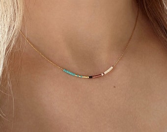 Dainty Gold Multicolor Beaded Necklace, Boho Delicate Tiny Bead, Turquoise Minimalist Layering Chain, Colorful Simple Boho Summer Jewelry