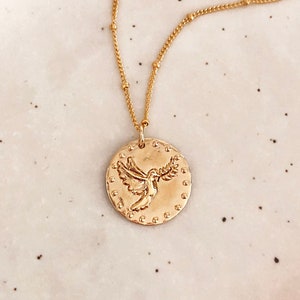 Gold Medal Peace Dove Coin Necklace, Minimalist Boho Layering Disc Necklace, Bird Pendant Bohemian Summer Necklace image 1