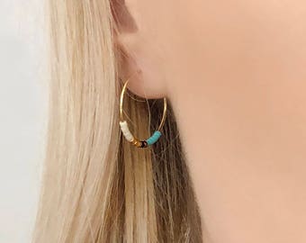 Minimalist Gold Multicolor Hoop Earrings, Elegant Dainty Gift for Her, Delicate Beaded Thin Earrings, Boho Colorful Gold Hoops