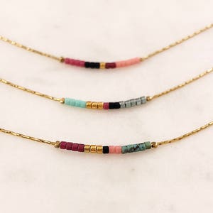 Thin Minimalist Gold Necklace with Tiny Beads, Delicate Dainty Short Layering Necklace, Colorful Simple Boho Necklace Lovely Gift for Her image 4