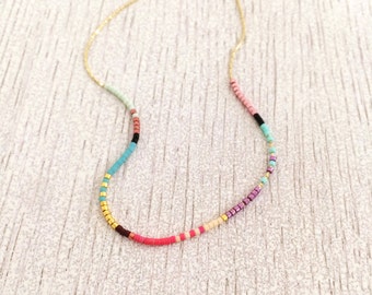 Boho Beaded Multicolor Necklace, Dainty Minimalist Layering Jewelry, Fun & Colorful Short Summer Delicate Necklace