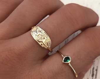 Oval Gold Hieroglyph Ring, Dainty Geometric Ring Gift for Her, Egyptian Glyph Modern Everyday Gold Plated Ring