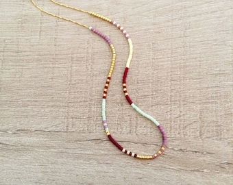 Dainty Boho Beaded Multicolor Necklace, Minimalist Layering Gold Jewelry, Delicate Colorful Short Friendship Necklace