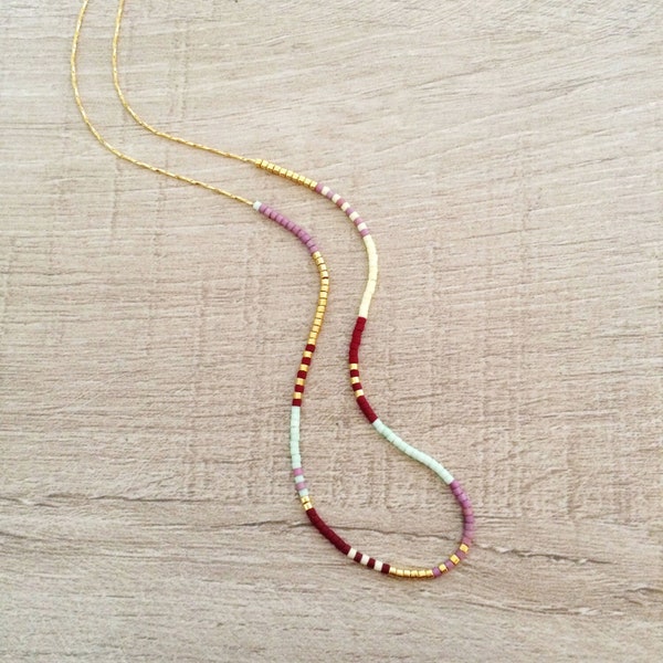 Dainty Boho Beaded Multicolor Necklace, Minimalist Layering Gold Jewelry, Delicate Colorful Short Friendship Necklace