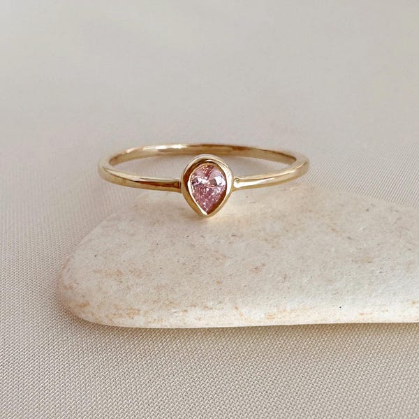 Dainty Pink Pear Crystal Gold Ring, Teardrop CZ Simple Minimalist Boho Zircon Everyday Ring, Elegant & Feminine Gift for Her