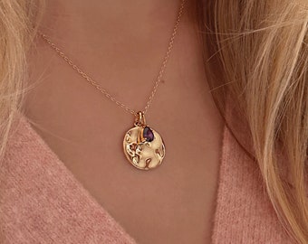 Gold Hammered Medal Necklace with CZ Charm, Boho Layering Textured Coin Necklace, Elegant Crystal Necklace Gift for Her