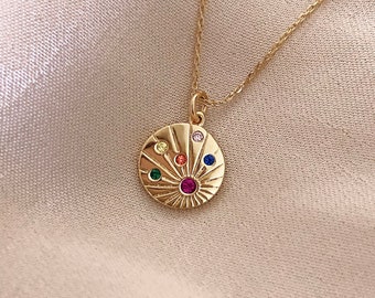 Multicolor CZ Gold Medal Necklace, Boho Coin Layering Medallion Necklace, Bohemian Engraved Pendant Charm Necklace Gift for Her