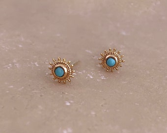 Boho Gold Turquoise Enamel Stud Earrings, Dainty Sun Bohemian Blue Stone Studs Earring, Bohemian Summer Ear Accessory