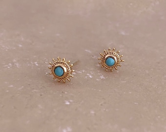 Boho Gold Turquoise Enamel Stud Earrings, Dainty Sun Bohemian Blue Stone Studs Earring, Bohemian Summer Ear Accessory