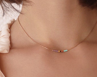 Collier Rose Gold Court Ultra Fin décoré de Petites Perles, Collier Or Rose Minimaliste Délicat Multicolore, Cadeau pour Elle