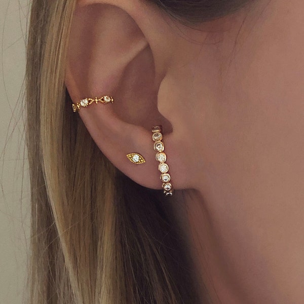 Boucles de Lobe d'Oreille en Zircons, Puces d’Oreille Boho avec Strass