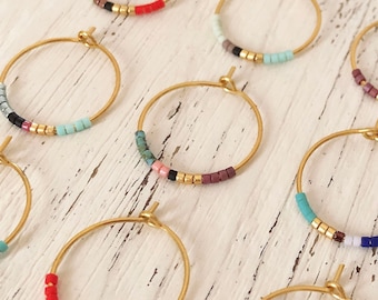 Minimalist Gold Multicolor Hoop Earrings, Elegant Dainty Gift for Her, Delicate Beaded Wire Earrings, Boho Colorful Minimal Earrings