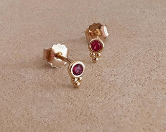 Dark Pink CZ Gold Stud Earrings, 18k Goldplated Fuchsia Pink
