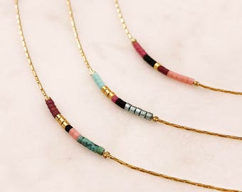 Thin Minimalist Gold Necklace with Tiny Beads, Delicate Dainty Short Layering Necklace, Colorful Simple Boho Necklace Lovely Gift for Her