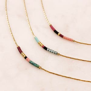 Thin Minimalist Gold Necklace with Tiny Beads, Delicate Dainty Short Layering Necklace, Colorful Simple Boho Necklace Lovely Gift for Her Aqua & Metallic Blue