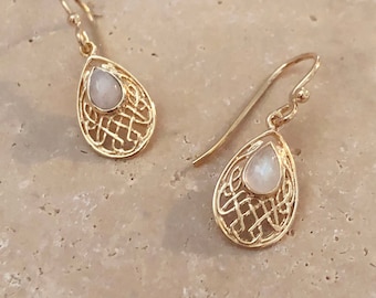 Boho Moonstone Teardrop Earrings, Gold Dangle Earring Dainty Gemstone Gift for Her