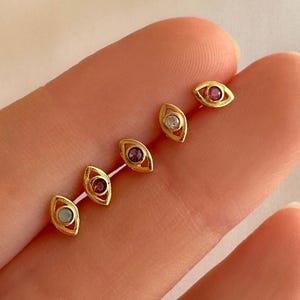 Tiny Eye Gemstone Studs, Gold Minimalist Lucky Stud Earrings with Moonstone, Amethyst, Amazonite, Garney or Ruby