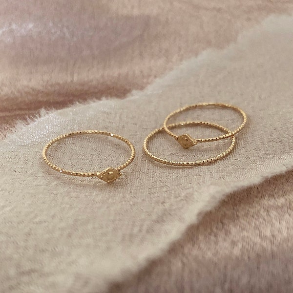 Thin Dainty Gold Hammered Ring, Stackable Simple Delicate Ring for Her, Textured Band Stacking Ring