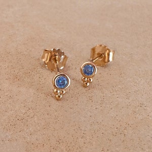 Blue CZ Gold Stud Earrings, Dainty Boho Zircon Simple Feminine Studs Earring, Everyday Minimalist Bohemian Ear Accessory