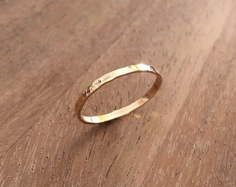Thin Dainty Gold Hammered Band Ring, 18k Goldplated Stackable Simple Ring for Her, Textured Minimalist Everyday Stacking