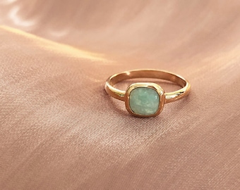 Gold Amazonite Stone Ring, Green Gemstone Simple Boho Ring, Summer Jewelry Elegant Boho Gift for Her