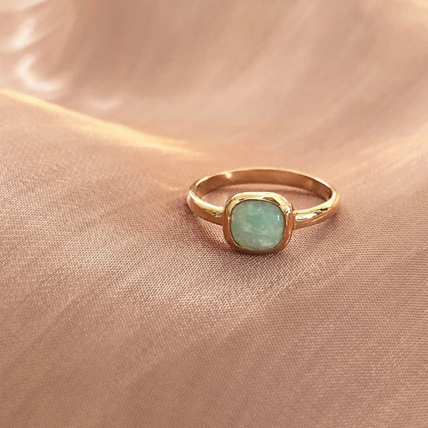 Gold Amazonite Stone Ring, Green Gemstone Simple Boho Ring, Summer Jewelry Elegant Boho Gift for Her