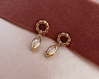 Gold CZ Boho Dangle Stud Earrings, Elegant Dainty Zircon Studs Dangling Earring, Minimalist Bohemian Ear Accessory