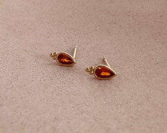 Boho Gold CZ Pear Orange Stud Earrings, Bohemian Teardrop Zircon Crystal Studs Earring, Minimalist Ear Accessory